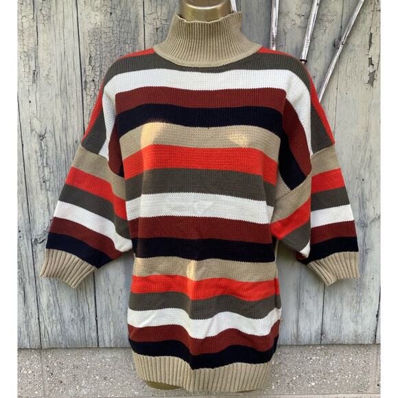 One Size Fits Many//Vintage 90s Brown Orange Stripe Mockneck Sweater - Picture 1 of 4